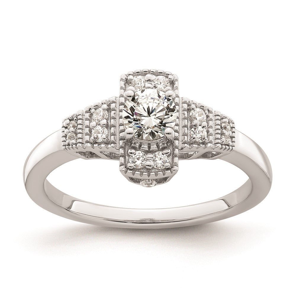 0.33ct. CZ Solid Real 14k White Polished Art Deco .33ct Round Ctr Dia Engagement Ring