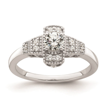 0.33ct. CZ Solid Real 14k White Polished Art Deco .33ct Round Ctr Dia Engagement Ring