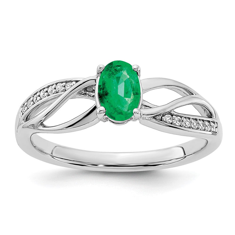 14k White Gold Polished Emerald and Real Diamond Ring