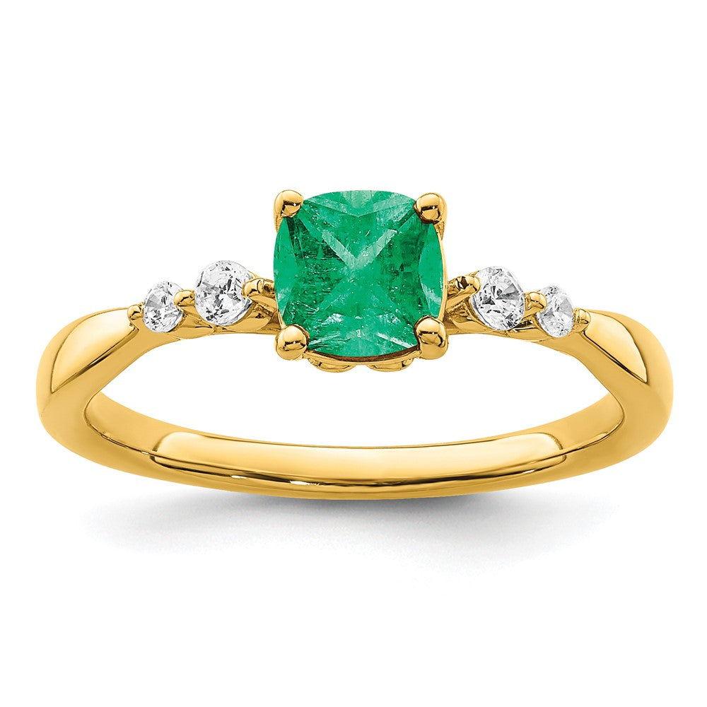 14k Gold Polished Emerald and Real Diamond Ring