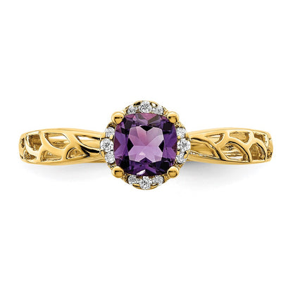14k Gold Polished Amethyst and Real Diamond Ring