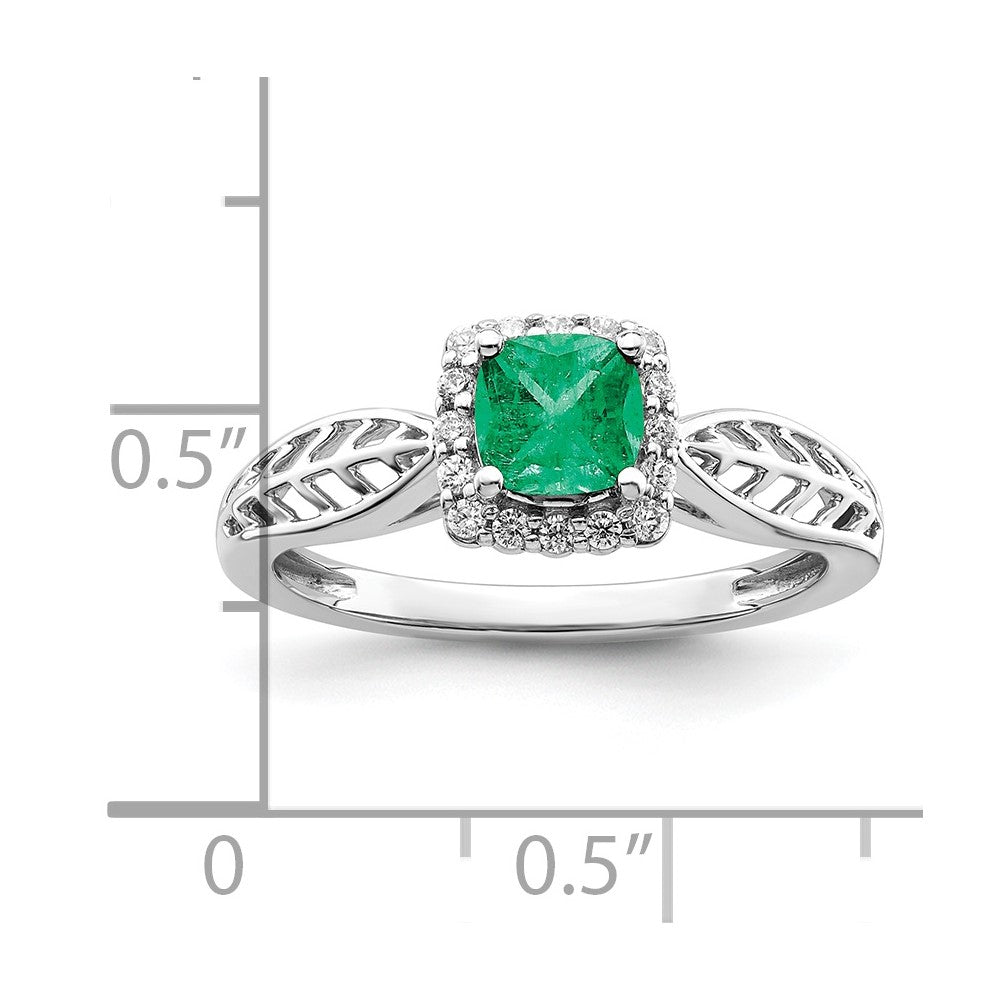 14k White Gold Polished Emerald and Real Diamond Halo Ring