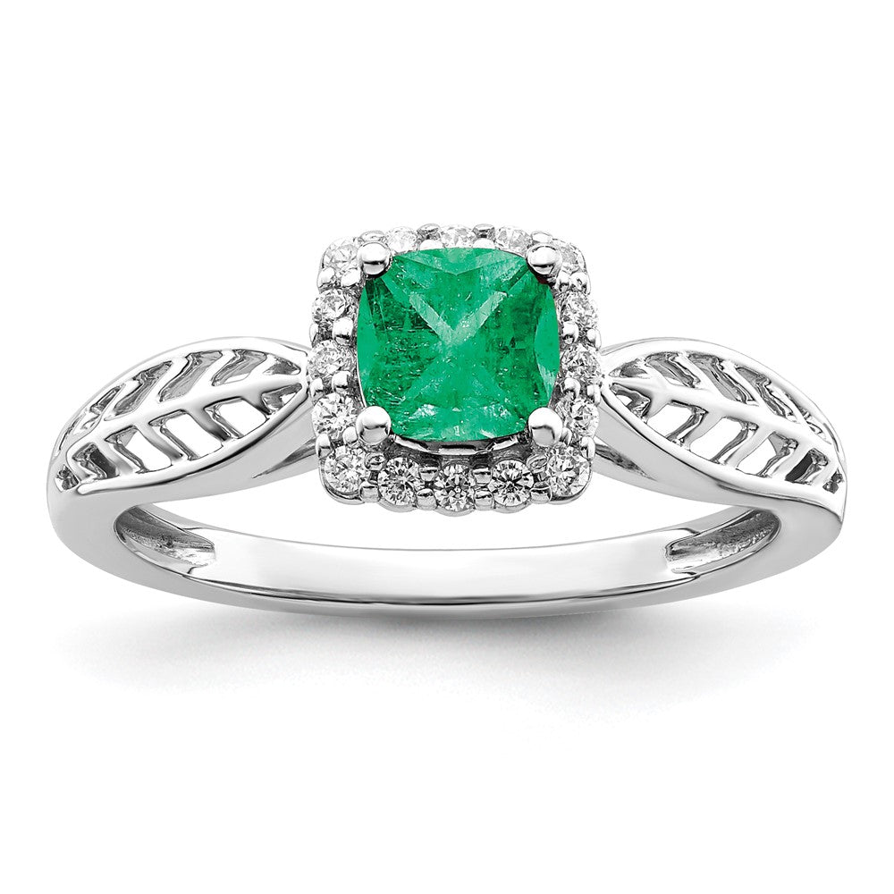 14k White Gold Polished Emerald and Real Diamond Halo Ring