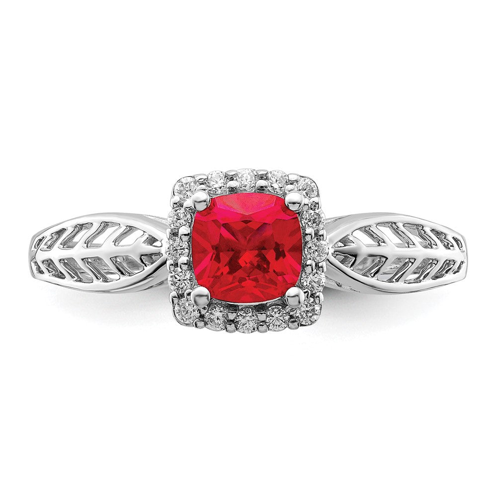 14k White Gold Polished Ruby and Real Diamond Halo Ring