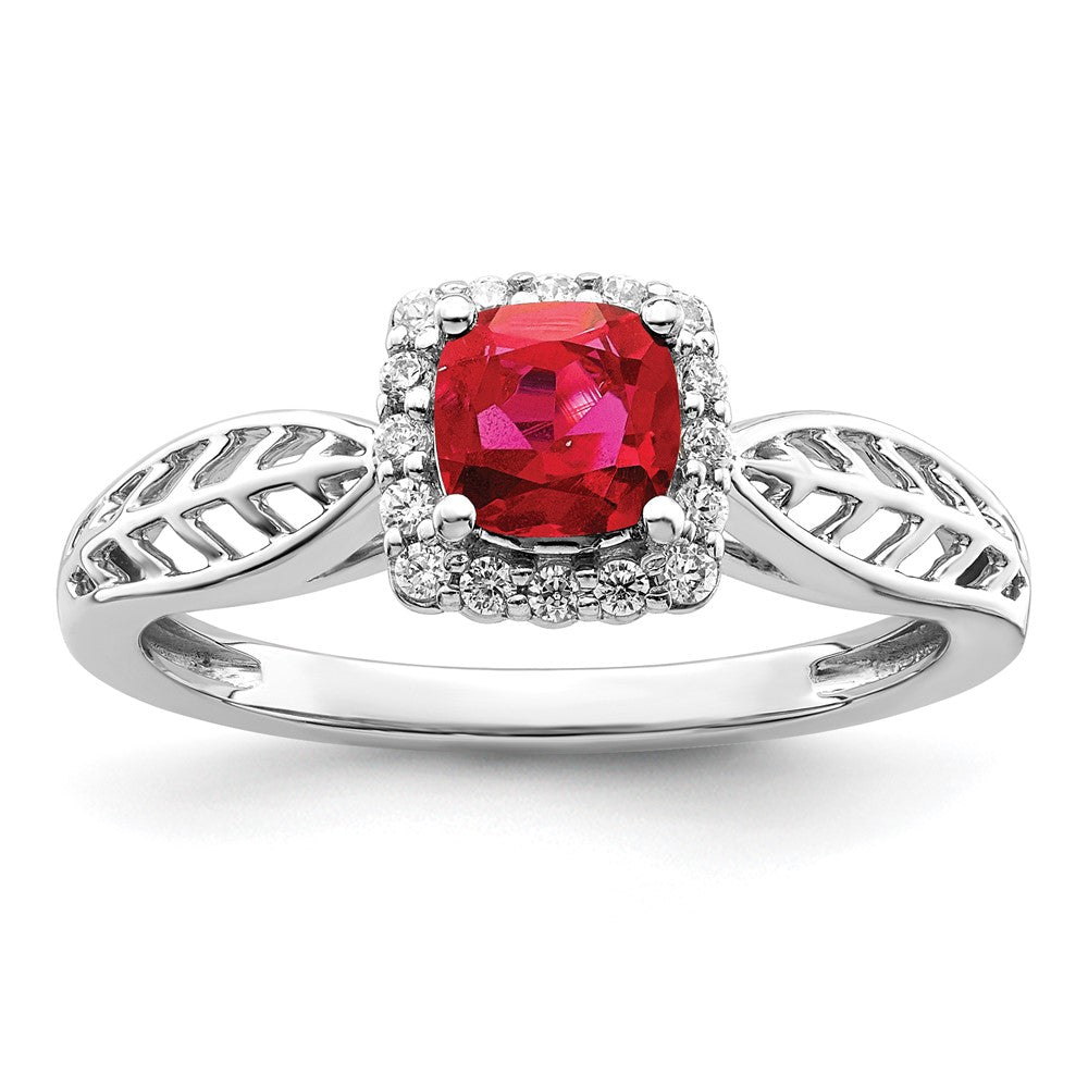 14k White Gold Polished Ruby and Real Diamond Halo Ring