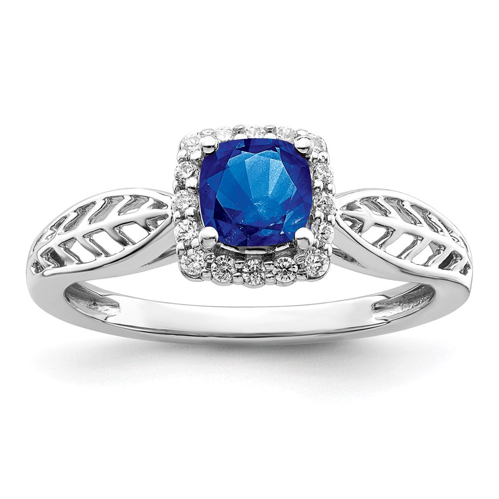 14k White Gold Polished Sapphire and Real Diamond Halo Ring