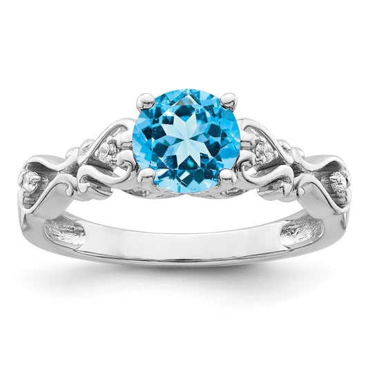 14k White Gold Polished Blue Topaz and Real Diamond Ring