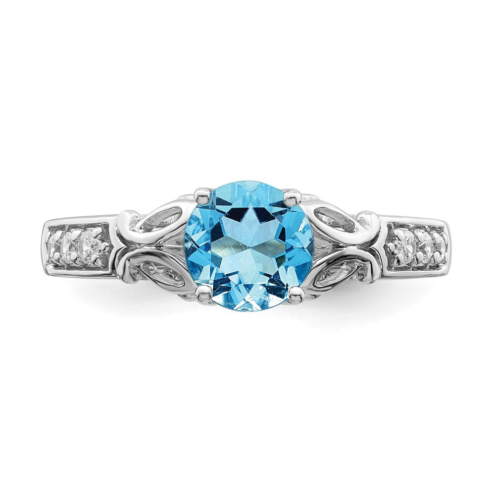 14k White Gold Polished Blue Topaz and Real Diamond Ring