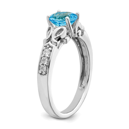 14k White Gold Polished Blue Topaz and Real Diamond Ring