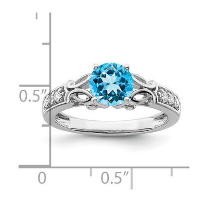 14k White Gold Polished Blue Topaz and Real Diamond Ring