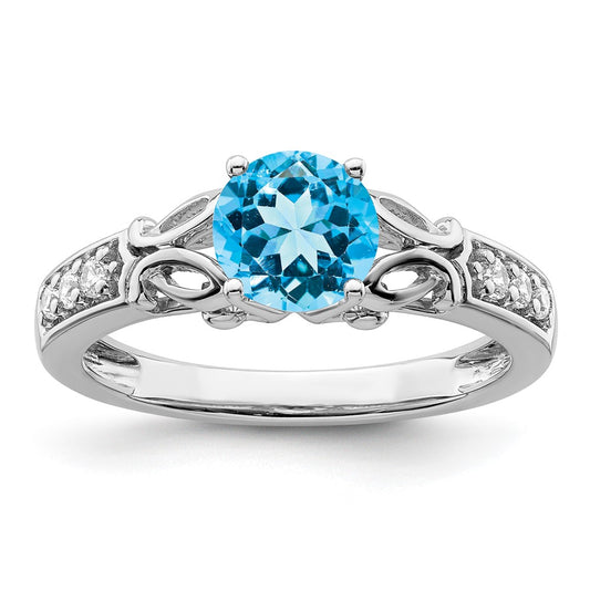 14k White Gold Polished Blue Topaz and Real Diamond Ring