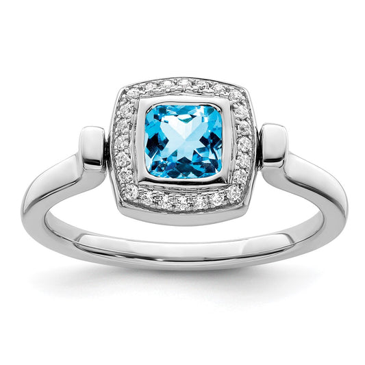 14k White Gold Polished Blue Topaz and Real Diamond Flip Ring