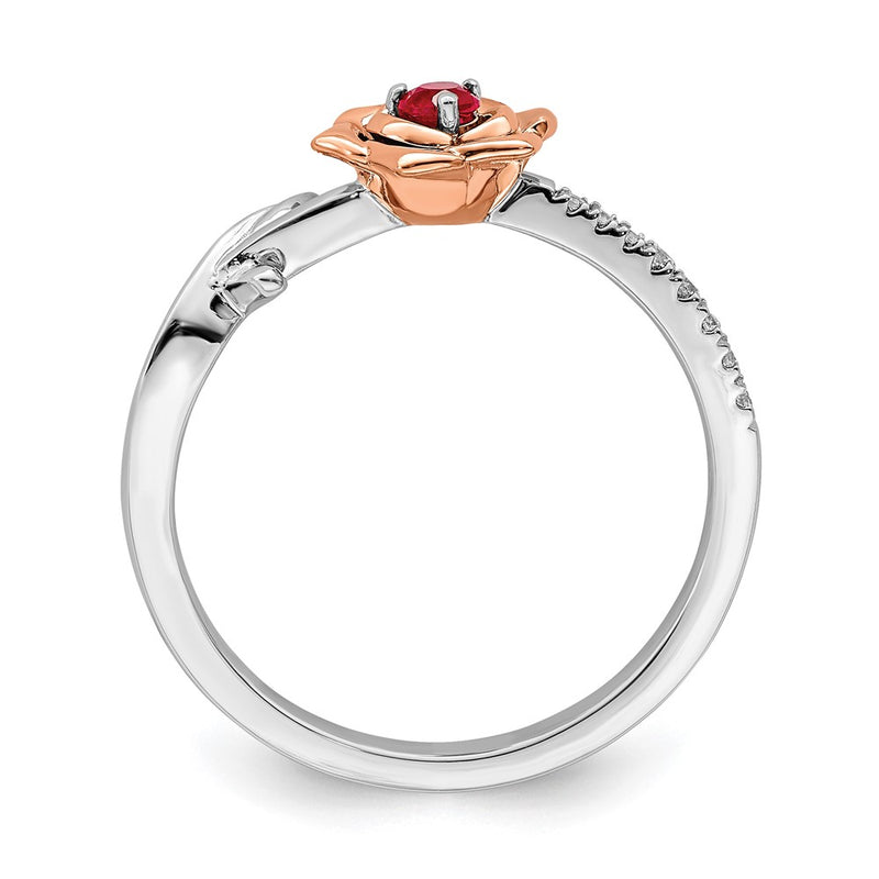 14K Two-Tone Gold White & Rose Ruby and Real Diamond Flower Ring