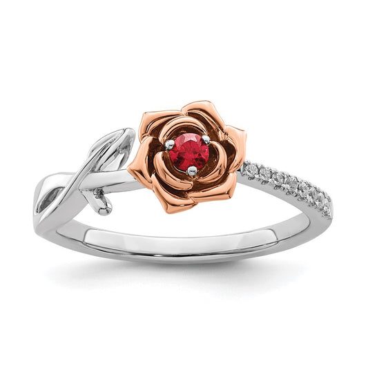 14K Two-Tone Gold White & Rose Ruby and Real Diamond Flower Ring