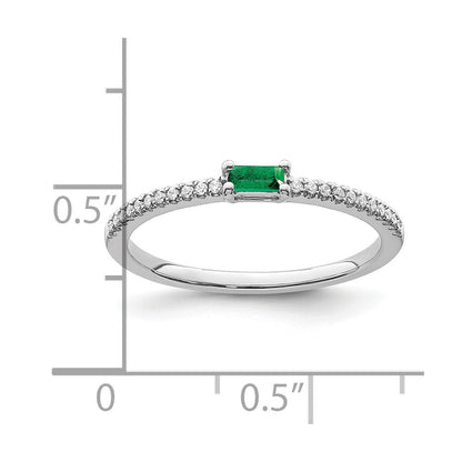 14k White Gold Polished Emerald and Real Diamond Ring