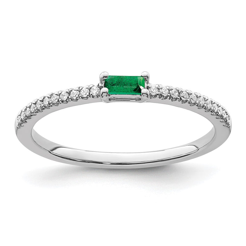 14k White Gold Polished Emerald and Real Diamond Ring