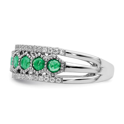 14k White Gold Polished Emerald and Real Diamond Ring