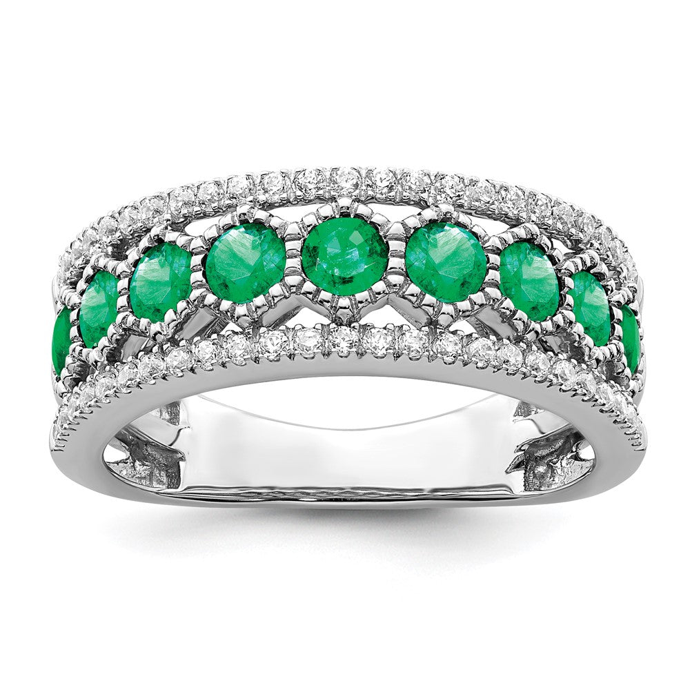 14k White Gold Polished Emerald and Real Diamond Ring