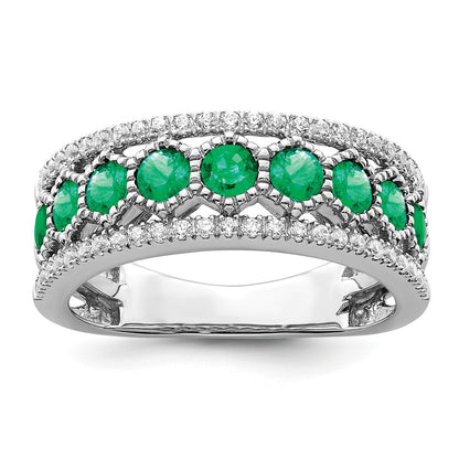 14k White Gold Polished Emerald and Real Diamond Ring