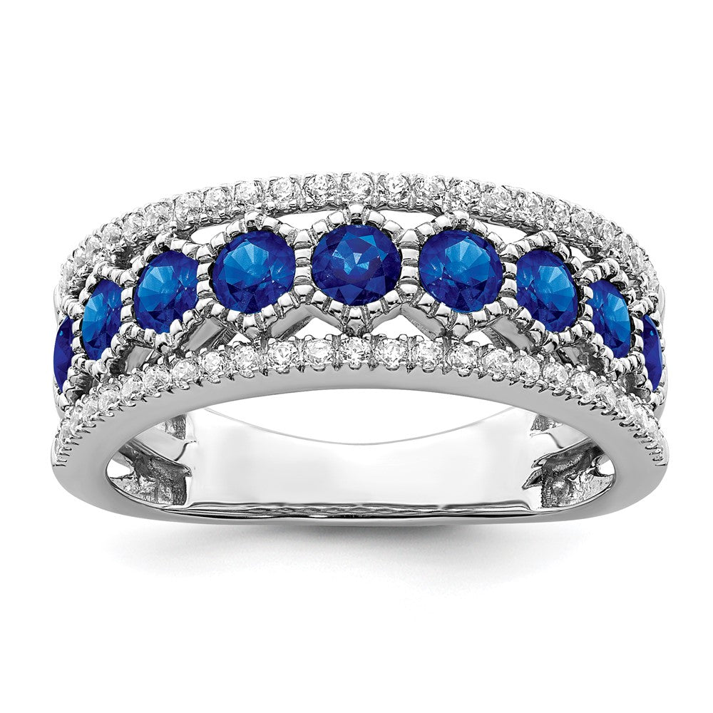 14k White Gold Polished Sapphire and Real Diamond Ring