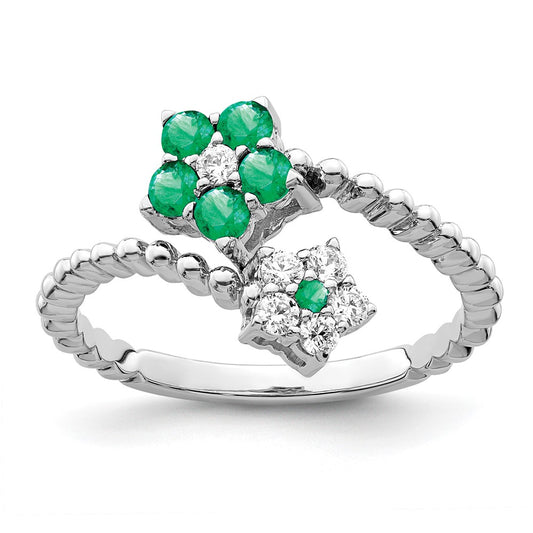 14k White Gold Polished Emerald and Real Diamond Floral Ring