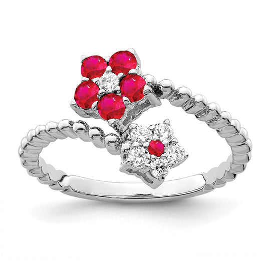 14k White Gold Polished Ruby and Real Diamond Floral Ring