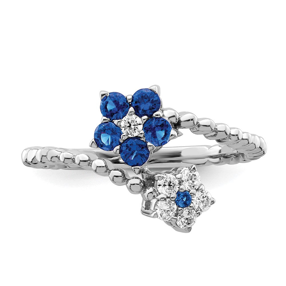 14k White Gold Polished Sapphire and Real Diamond Floral Ring