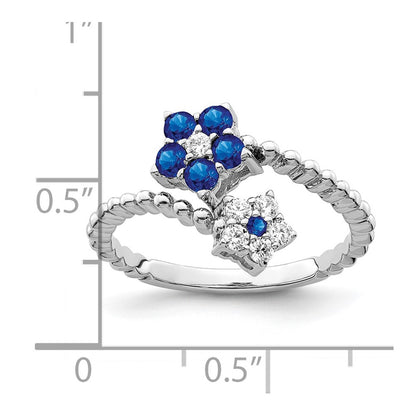 14k White Gold Polished Sapphire and Real Diamond Floral Ring