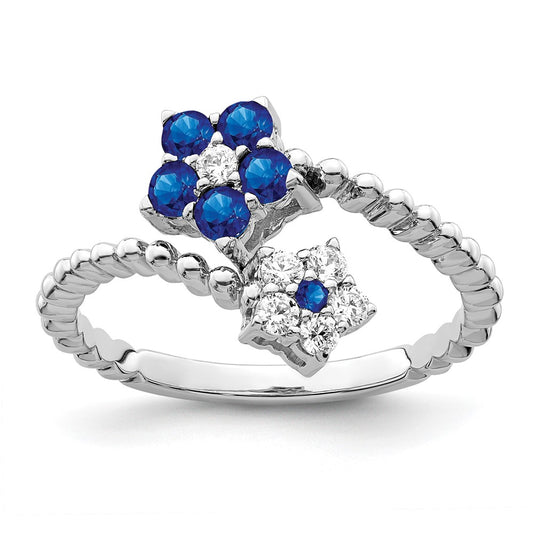 14k White Gold Polished Sapphire and Real Diamond Floral Ring