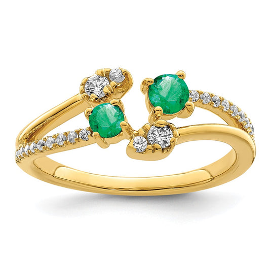 14k Gold Polished Emerald and Real Diamond Bypass Ring