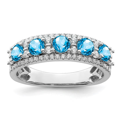 14k White Gold Polished Blue Topaz and Real Diamond Ring