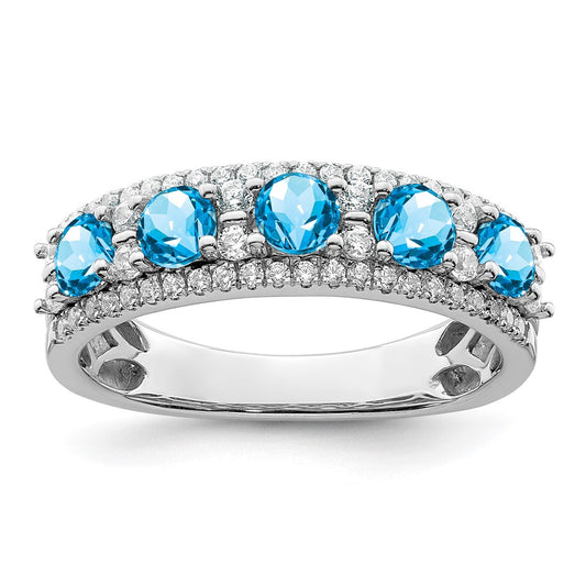 14k White Gold Polished Blue Topaz and Real Diamond Ring