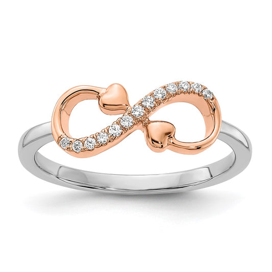 14k Two-Tone Gold White & Rose Polished Infinity Hearts Real Diamond Ring