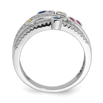 14k White Gold Polished Multi-Gemstone & Real Diamond Orbit Ring