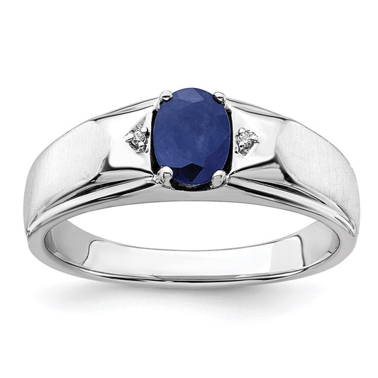 14K White Gold Polished & Satin Sapphire & Real Diamond Mens Ring