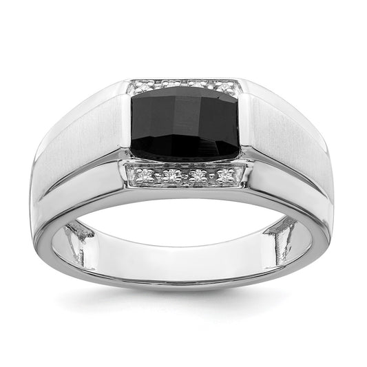 14k White Gold Polished & Satin Onyx & Real Diamond Mens Ring