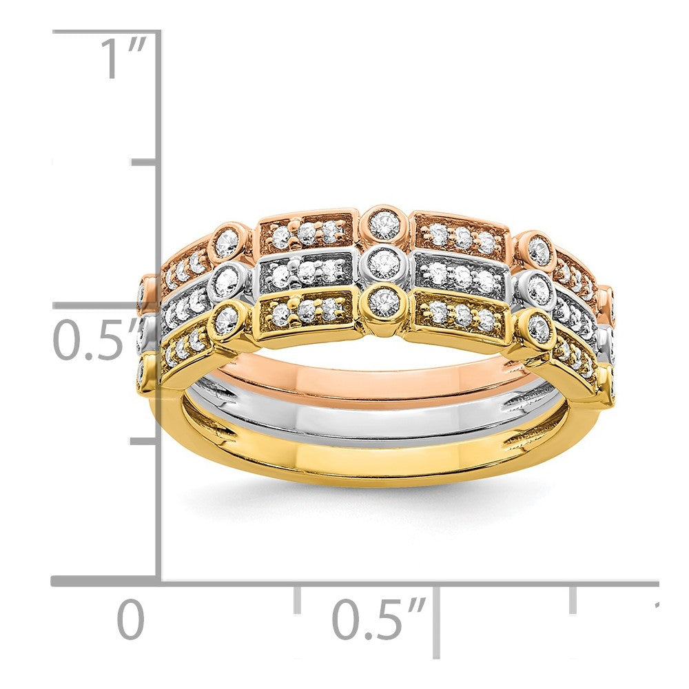 14k Tri-color Gold Polished Set of 3 Real Diamond Rings
