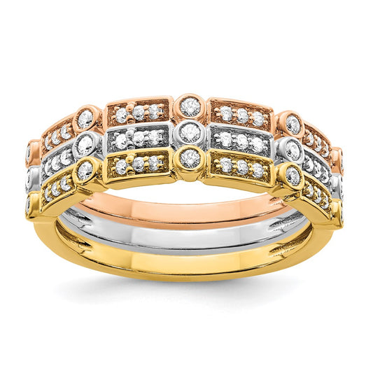 14k Tri-color Gold Polished Set of 3 Real Diamond Rings