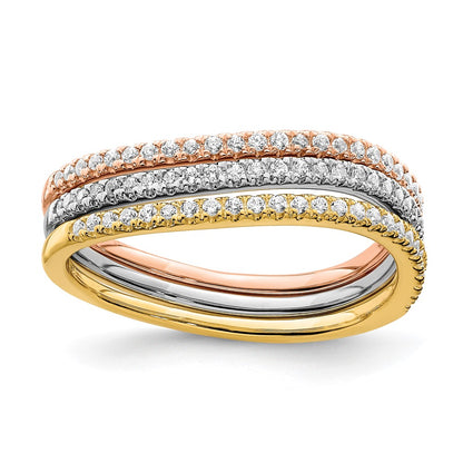 14k Tri-color Gold Polished Set of 3 Real Diamond Rings