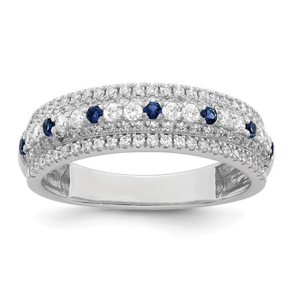 14k White Gold Polished Blue Sapphire and Real Diamond Ring