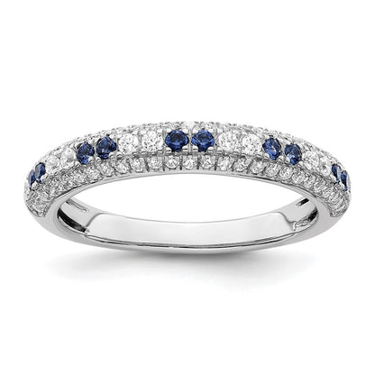 14k White Gold Polished Blue Sapphire and Real Diamond Ring