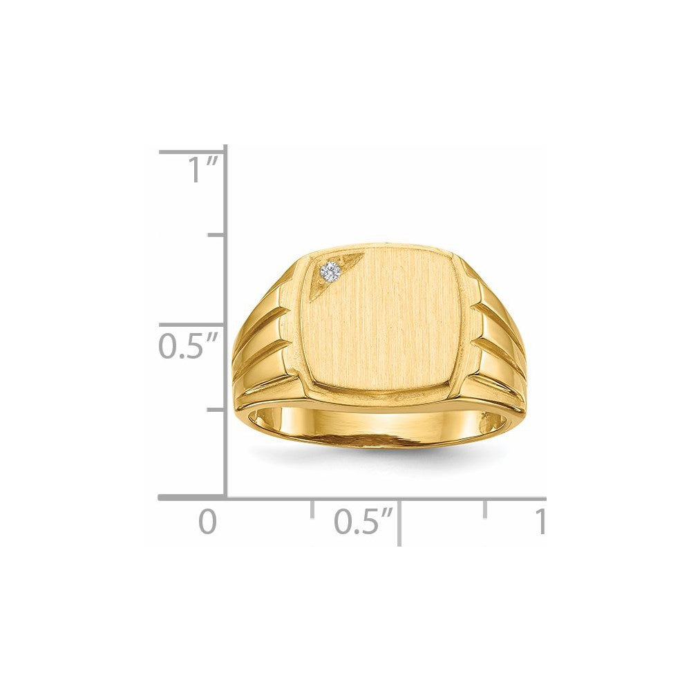 14K Yellow Gold 11.5x12.0mm Grooved Sides Open Back AA Real Diamond Men's Signet Ring