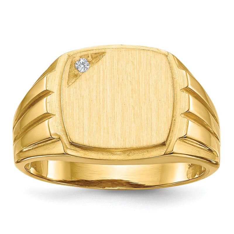14K Yellow Gold 11.5x12.0mm Grooved Sides Open Back VS Real Diamond Men's Signet Ring
