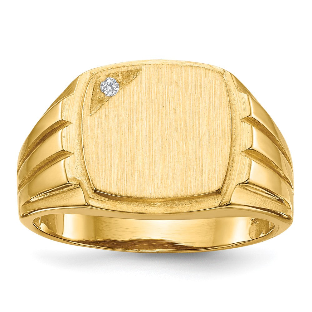 14K Yellow Gold 11.5x12.0mm Grooved Sides Open Back AAA Real Diamond Men's Signet Ring