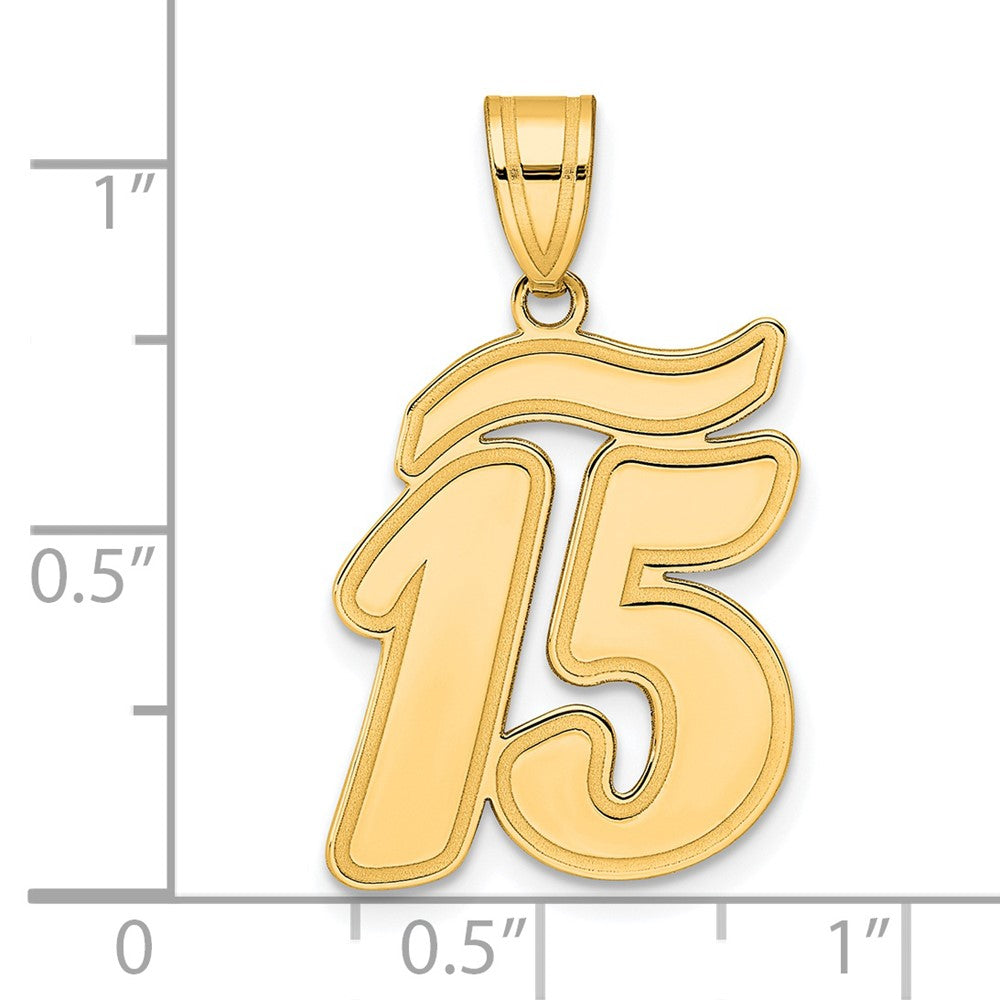 14k Yellow Gold Brushed Border Script Number 15 Pendant
