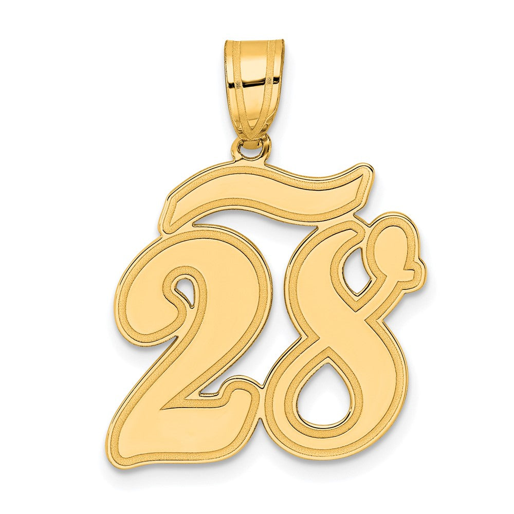 14k Yellow Gold Brushed Border Script Number 28 Pendant