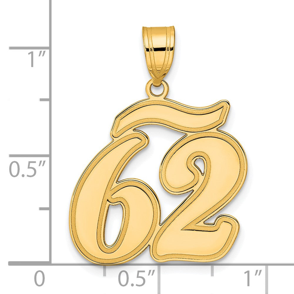 14k Yellow Gold Brushed Border Script Number 62 Pendant
