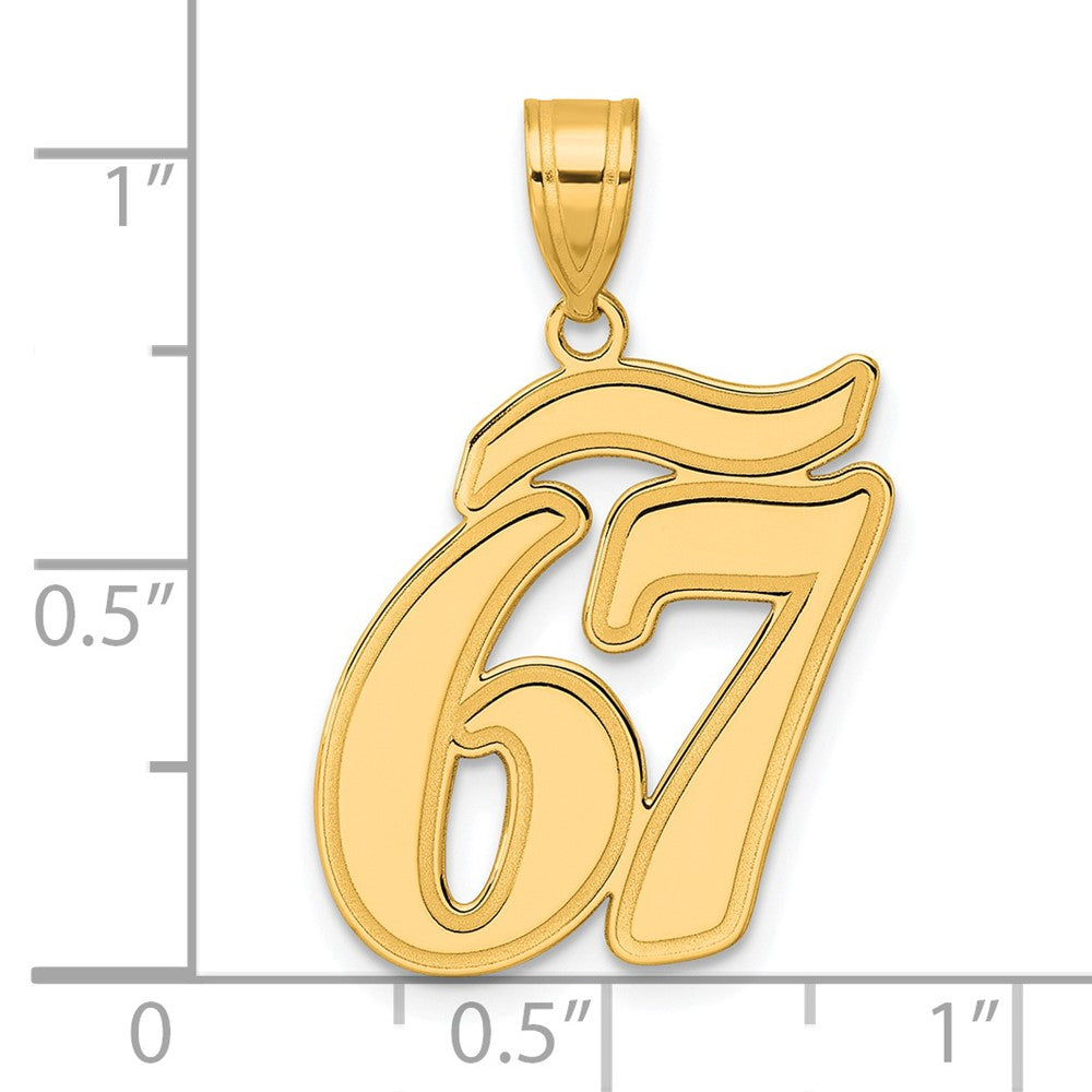 14k Yellow Gold Brushed Border Script Number 67 Pendant