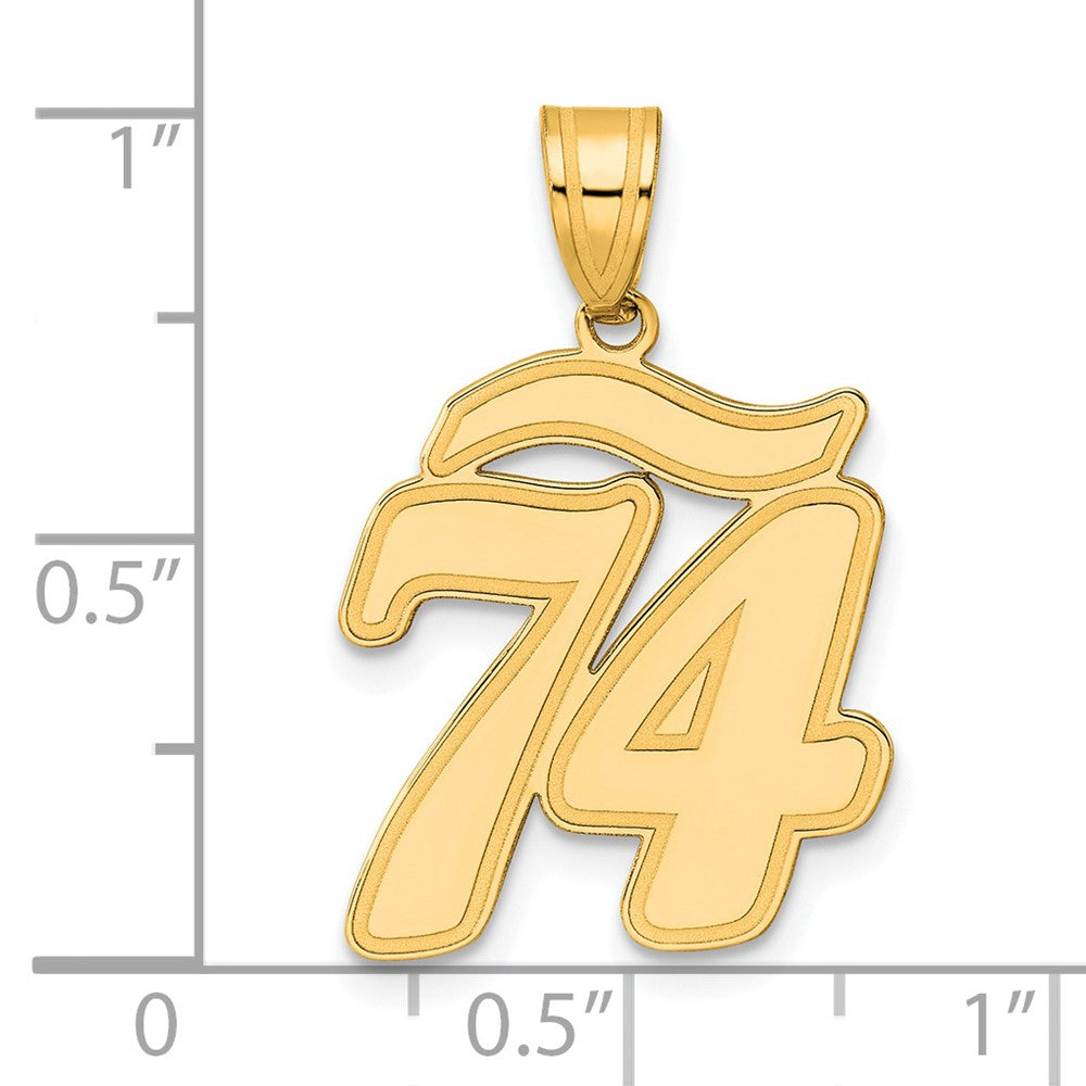 14k Yellow Gold Brushed Border Script Number 74 Pendant