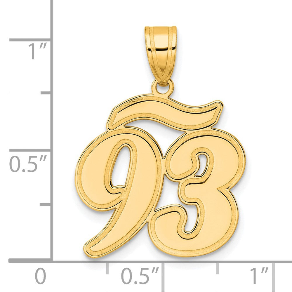 14k Yellow Gold Brushed Border Script Number 93 Pendant